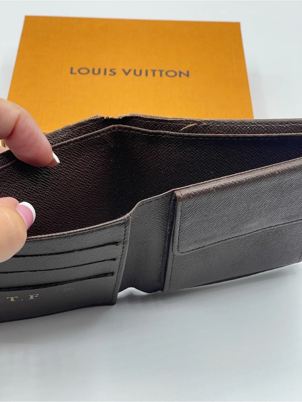 Louis Vuitton Damier Ebene Men’s Marco Bifold Wallet Hot Stamped Used LV